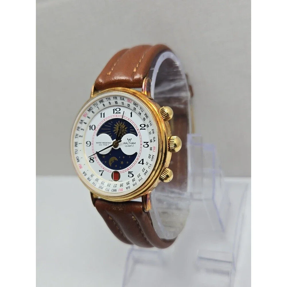 Waltham XF9020B Vintage Mens Sun Moon Calendar Goldtone Quartz Watch New Battery